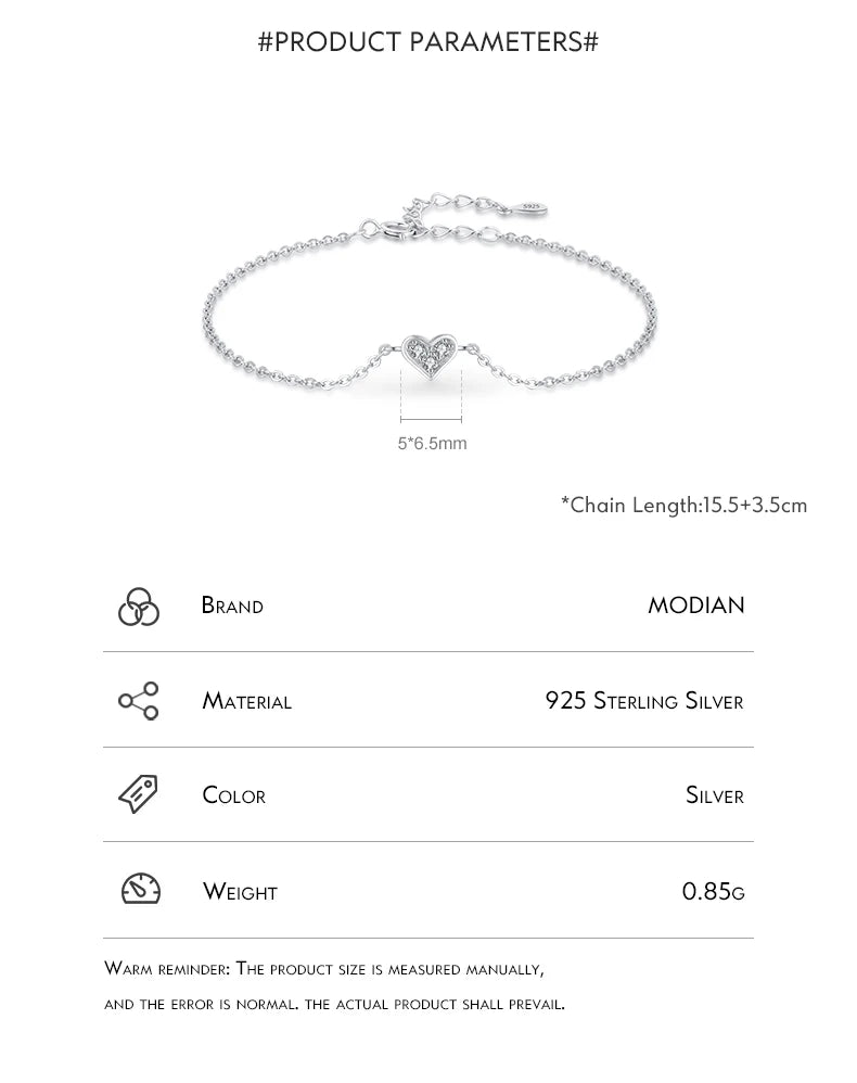 Sterling Silver Heart Bracelet - 925 Crystal Charm Jewelry