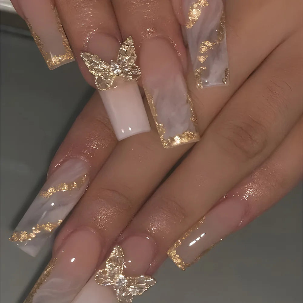 Press-On Nails 24 Pcs — Long Square Leopard Print, French & 3D Cherry Design with Rhinestones