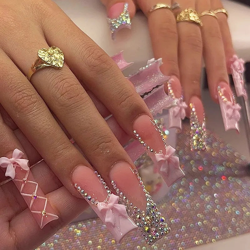 Press-On Nails 24 Pcs — Long Square Leopard Print, French & 3D Cherry Design with Rhinestones