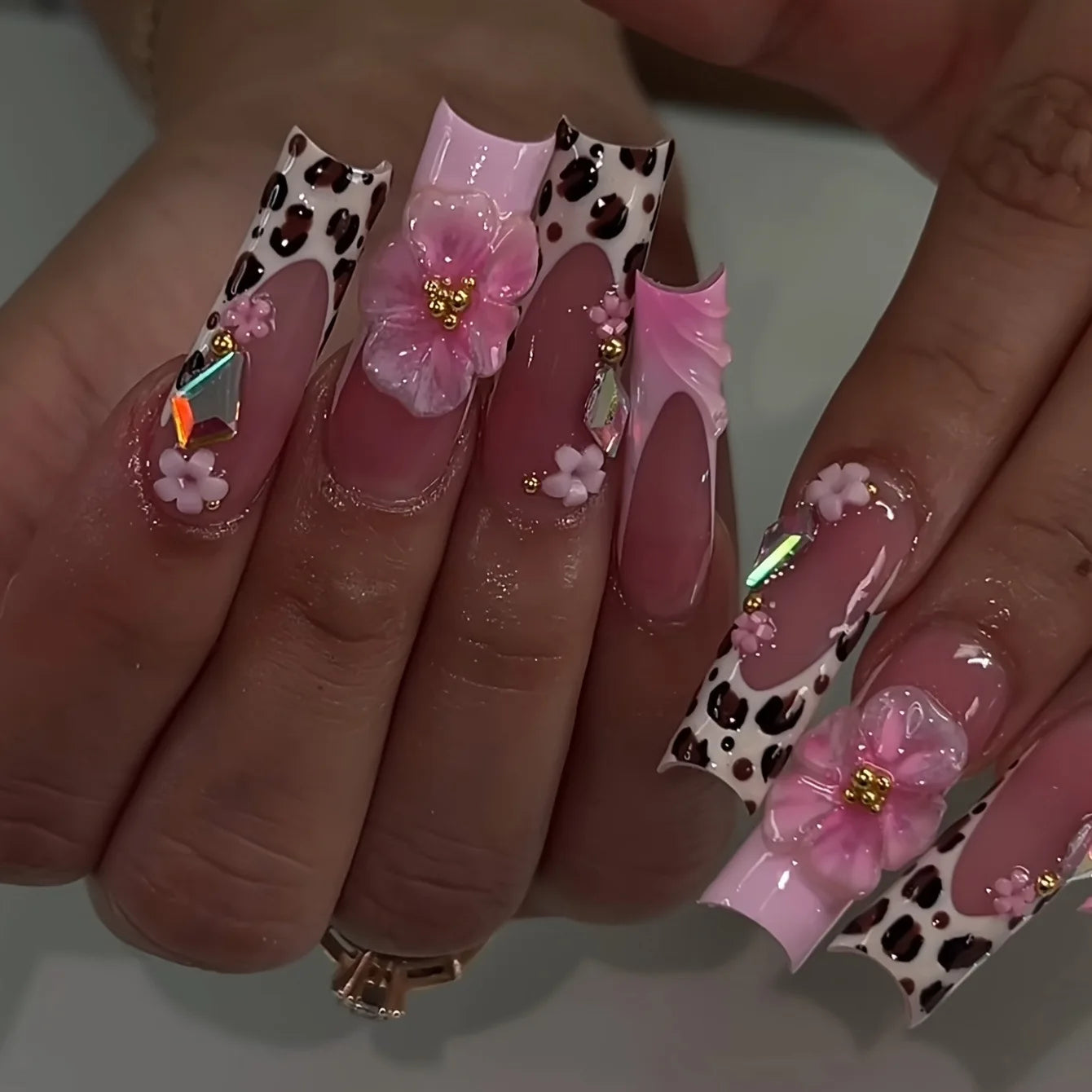 Press-On Nails 24 Pcs — Long Square Leopard Print, French & 3D Cherry Design with Rhinestones