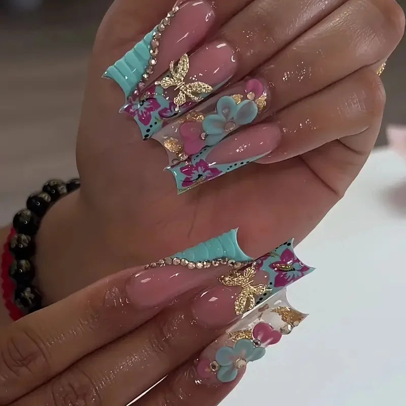 Press-On Nails 24 Pcs — Long Square Leopard Print, French & 3D Cherry Design with Rhinestones