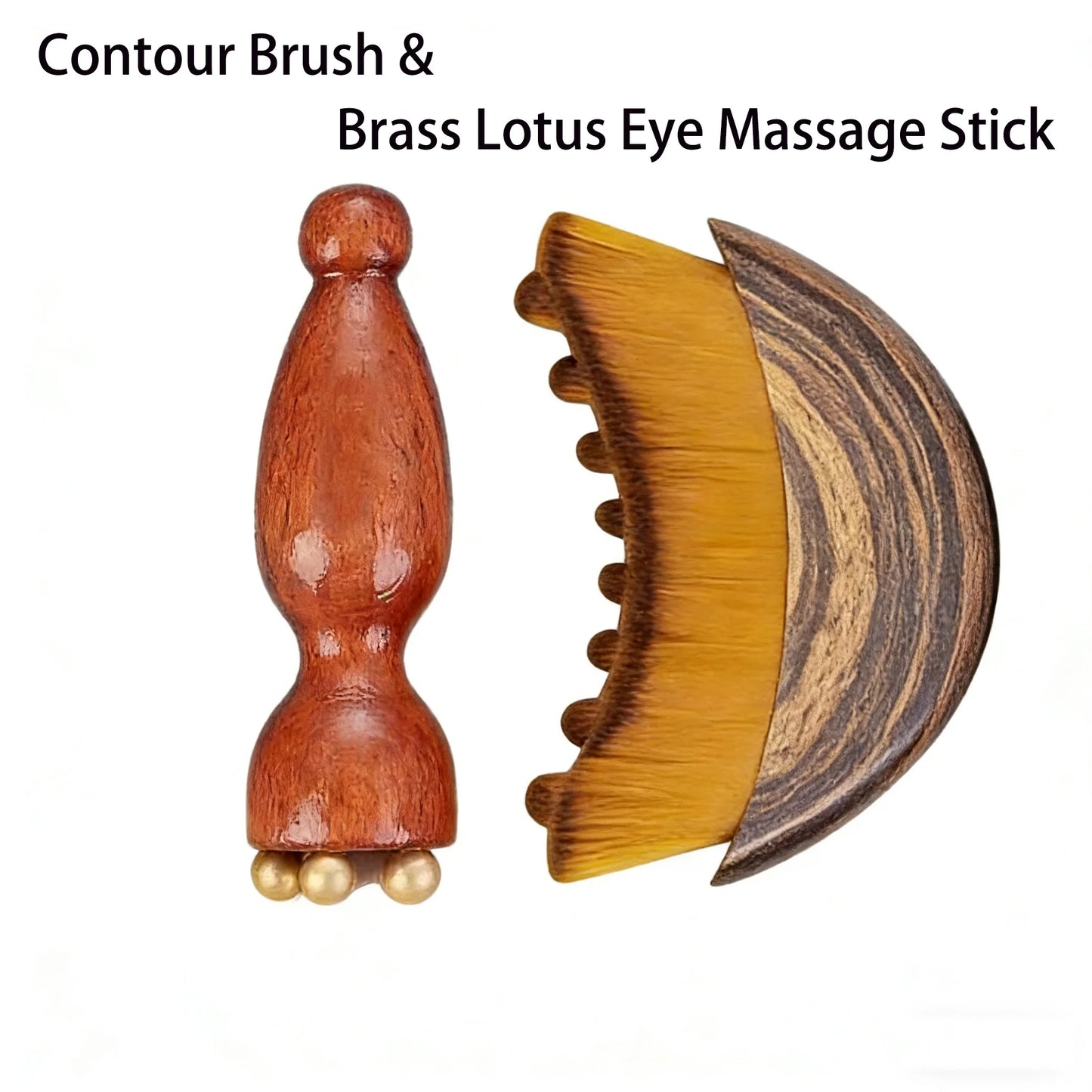 Lymphatic Facial Contour Brush & Brass Lotus Eye Massage Tool - Sandalwood Acupressure Set