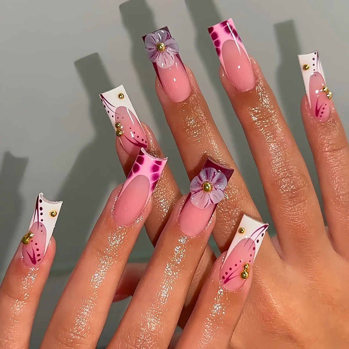 Press-On Nails 24 Pcs — Long Square Leopard Print, French & 3D Cherry Design with Rhinestones