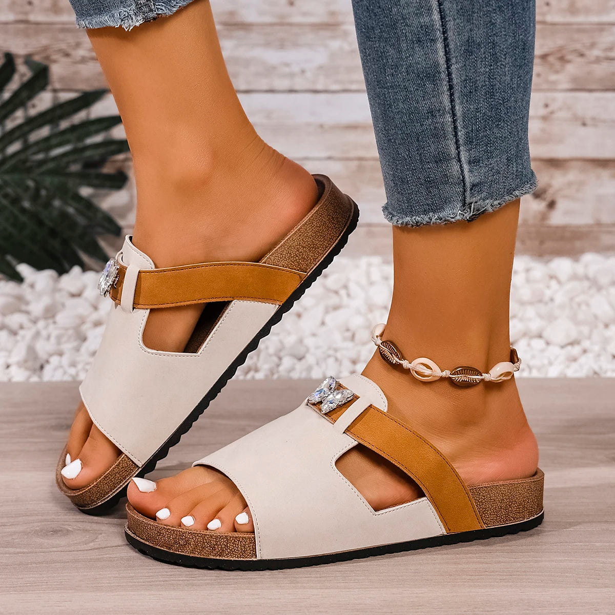 Women's Platform Slide Sandals — Pleated PU Upper, Rubber Sole | Summer