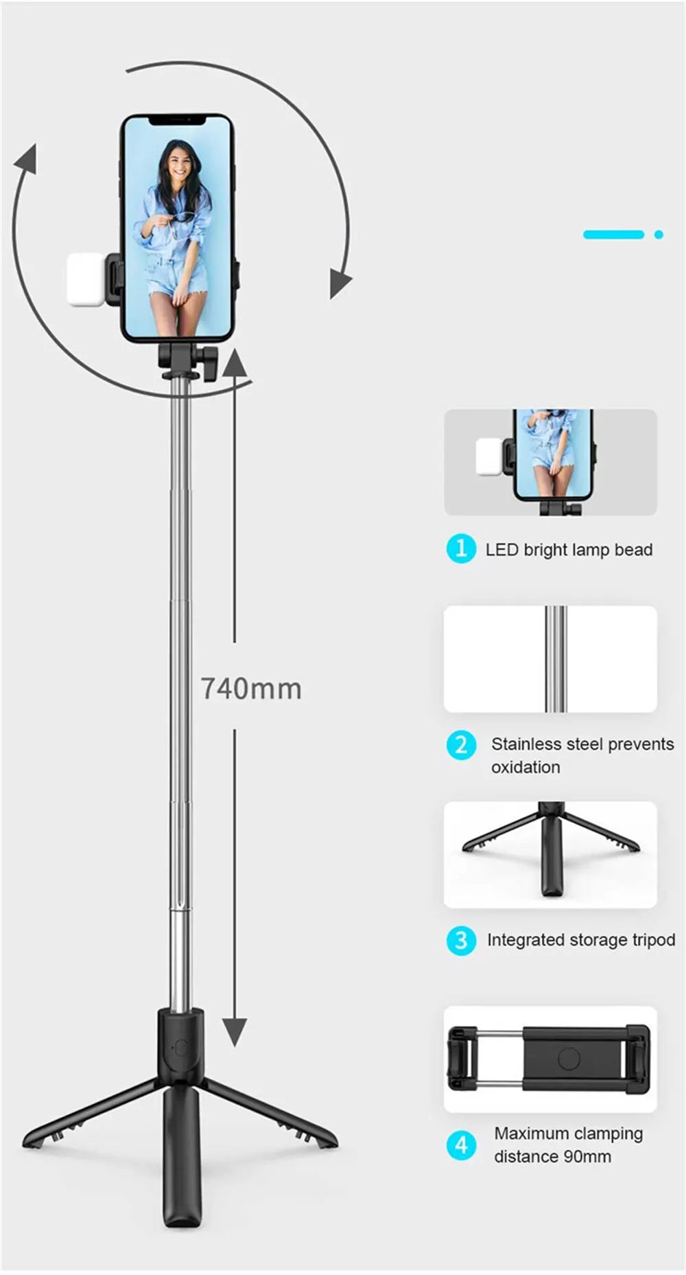 Selfie Stick Tripod with Bluetooth Remote & LED Fill Light – Phone Holder for Live Streaming