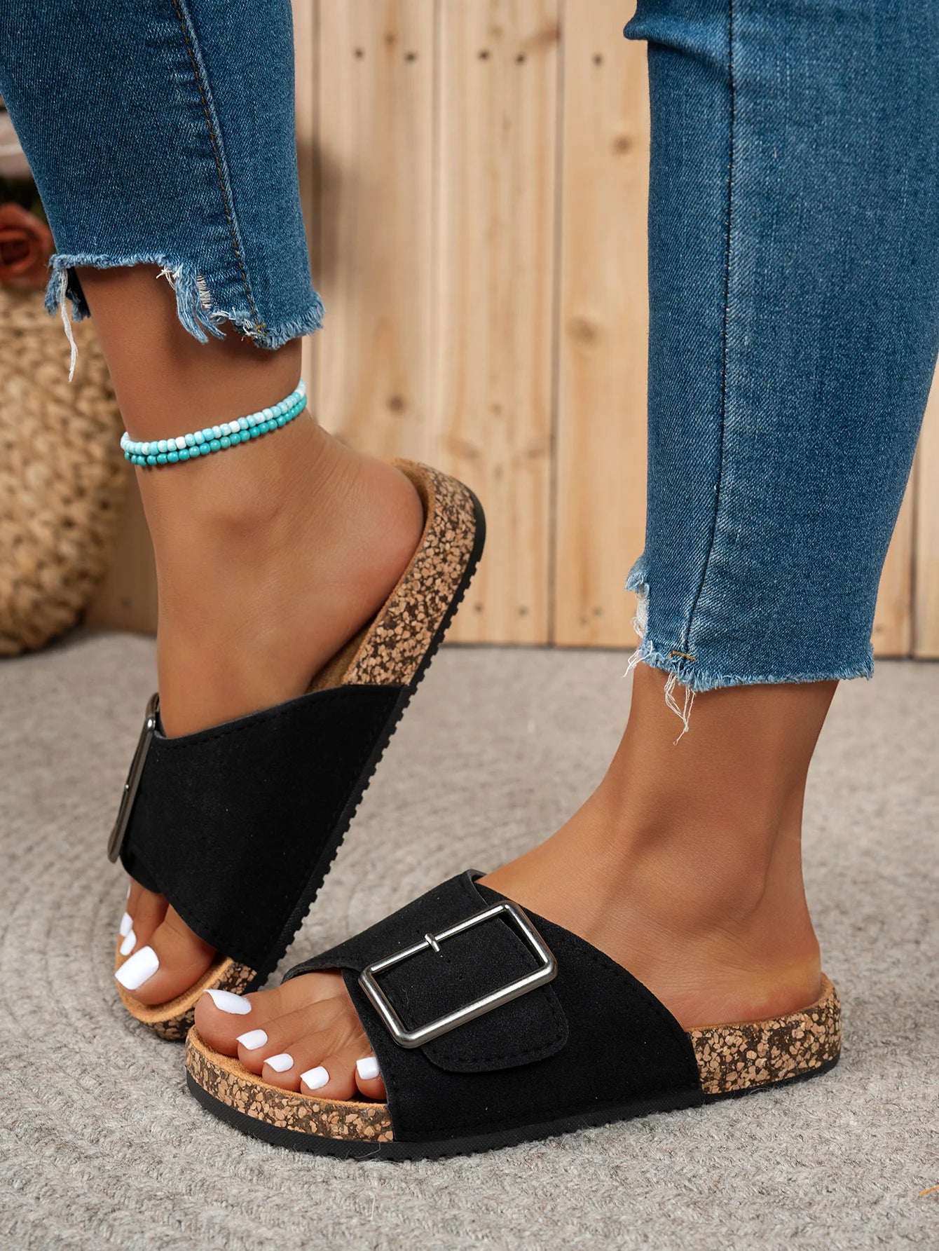 Women's Cozy Buckle Slippers — Flat Heel Suede Slip-On Sandals