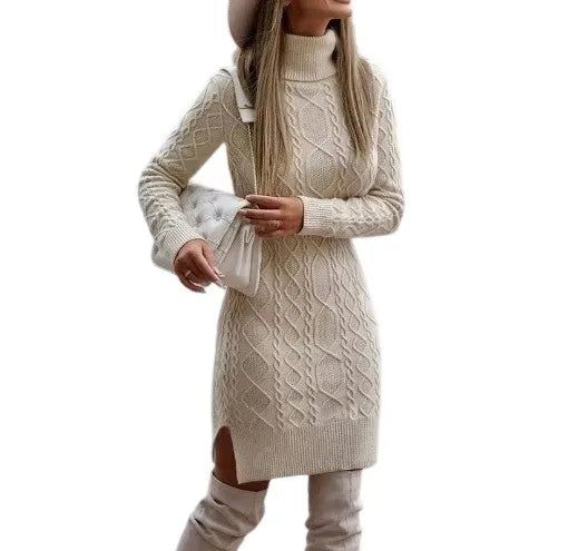 Women's Slim-Fit High Collar Sweater Dress – Long Sleeve, Solid Color, Medium-Length Pullover