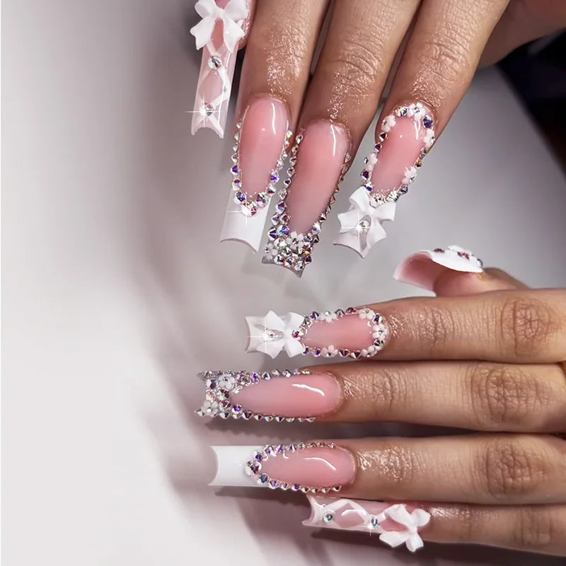 Press-On Nails 24 Pcs — Long Square Leopard Print, French & 3D Cherry Design with Rhinestones