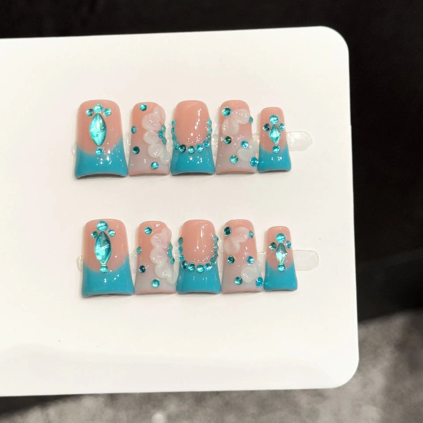 Duck Press-On Nails Set (10 Pcs) — Lake Blue French Style with Diamond Accents