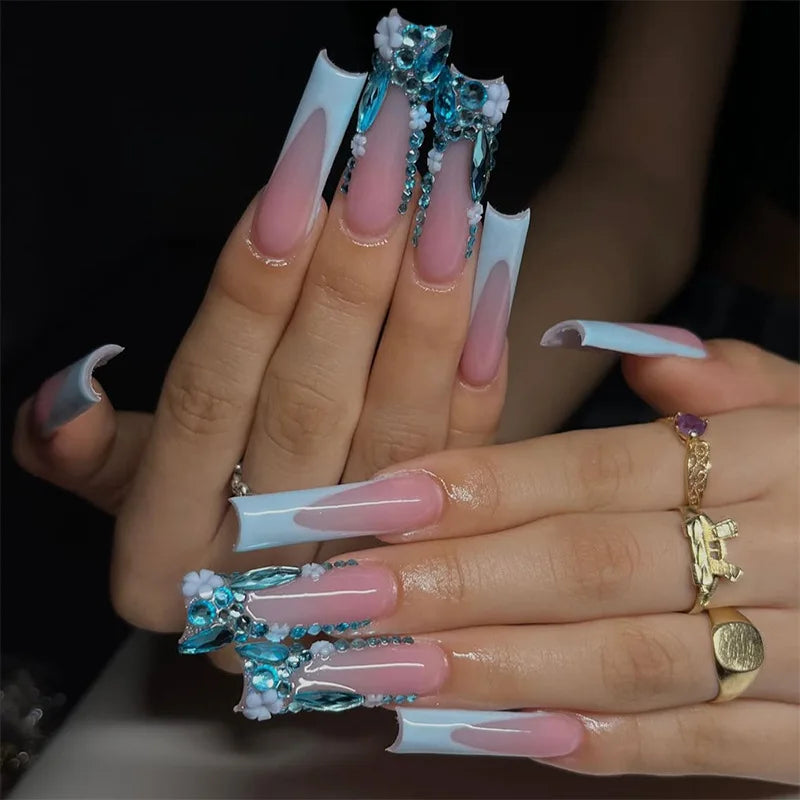 Press-On Nails 24 Pcs — Long Square Leopard Print, French & 3D Cherry Design with Rhinestones