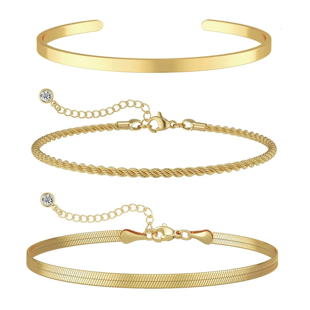 Gold Layered Bracelet Set - 3 Piece Waterproof Stackable Jewelry