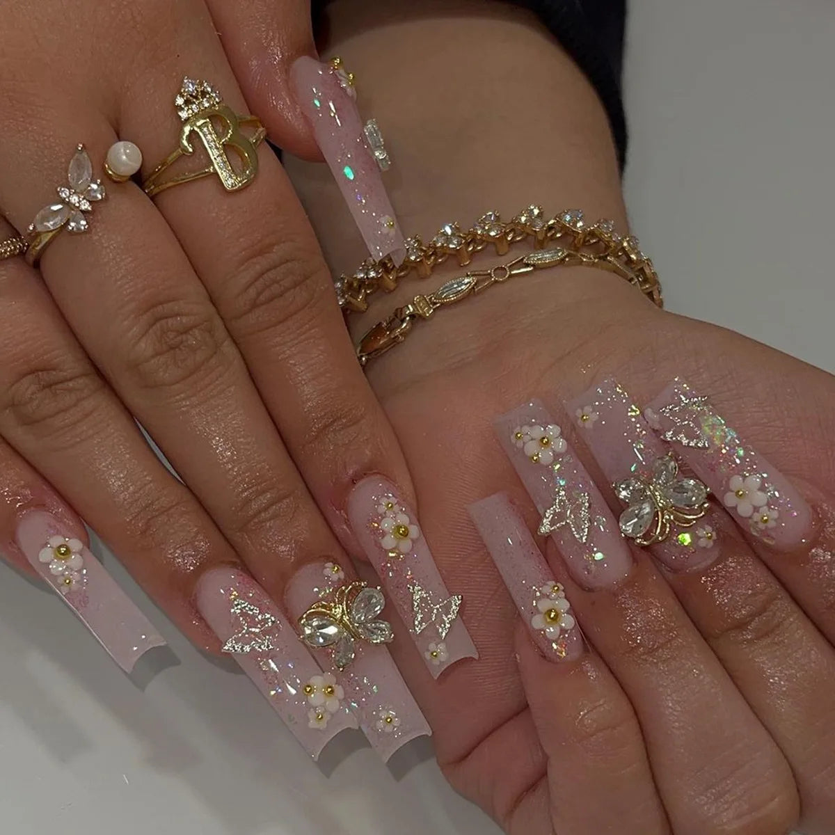 Press-On Nails 24 Pcs — Long Square Leopard Print, French & 3D Cherry Design with Rhinestones