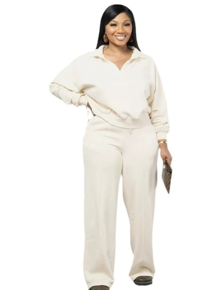 Wmstar Women’s Two-Piece Sweatsuit – V-Neck Long Sleeve Top & Solid Color Pants, Autumn/Winter Casual Set