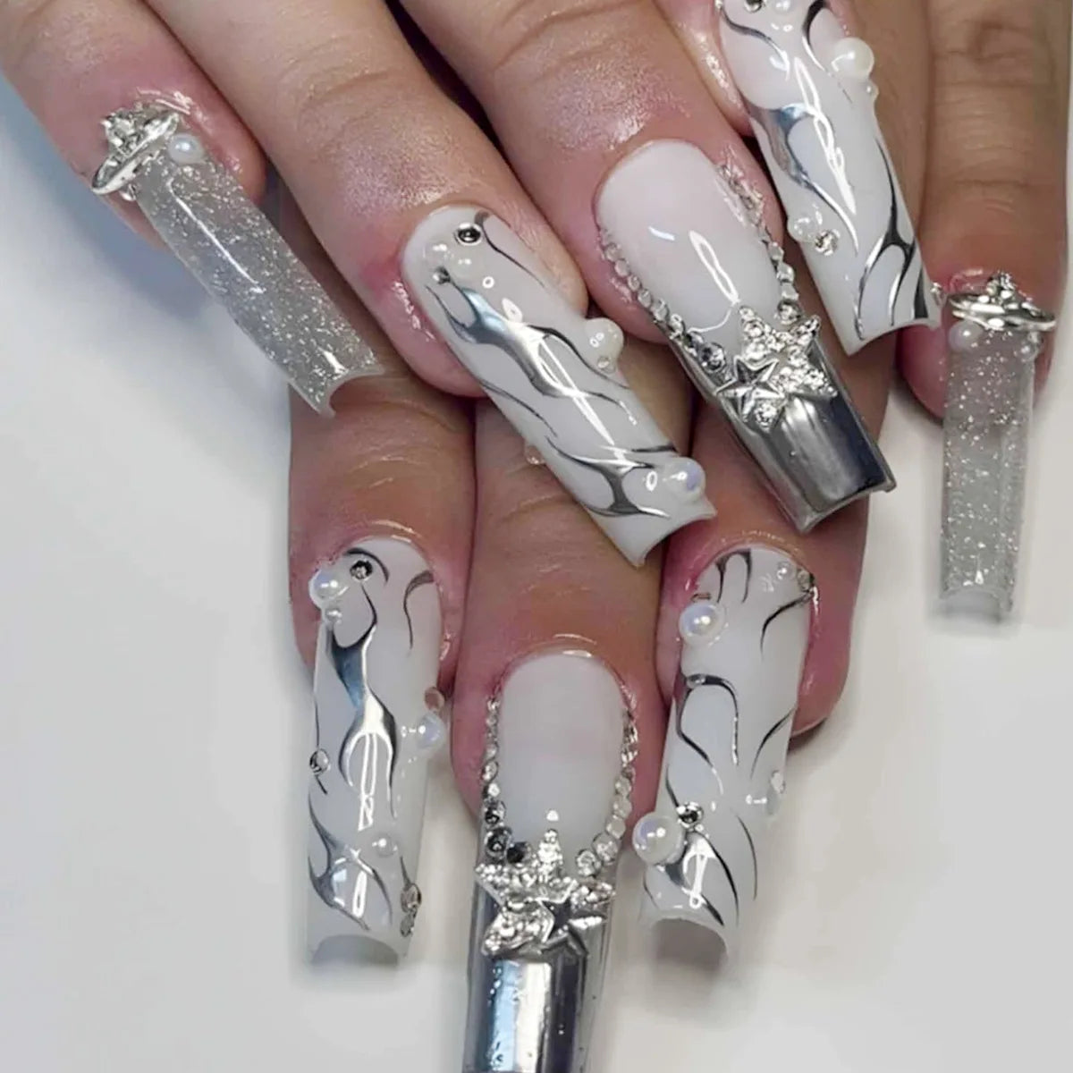 Press-On Nails 24 Pcs — Long Square Leopard Print, French & 3D Cherry Design with Rhinestones