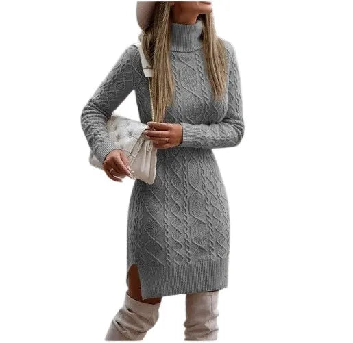 Women's Slim-Fit High Collar Sweater Dress – Long Sleeve, Solid Color, Medium-Length Pullover