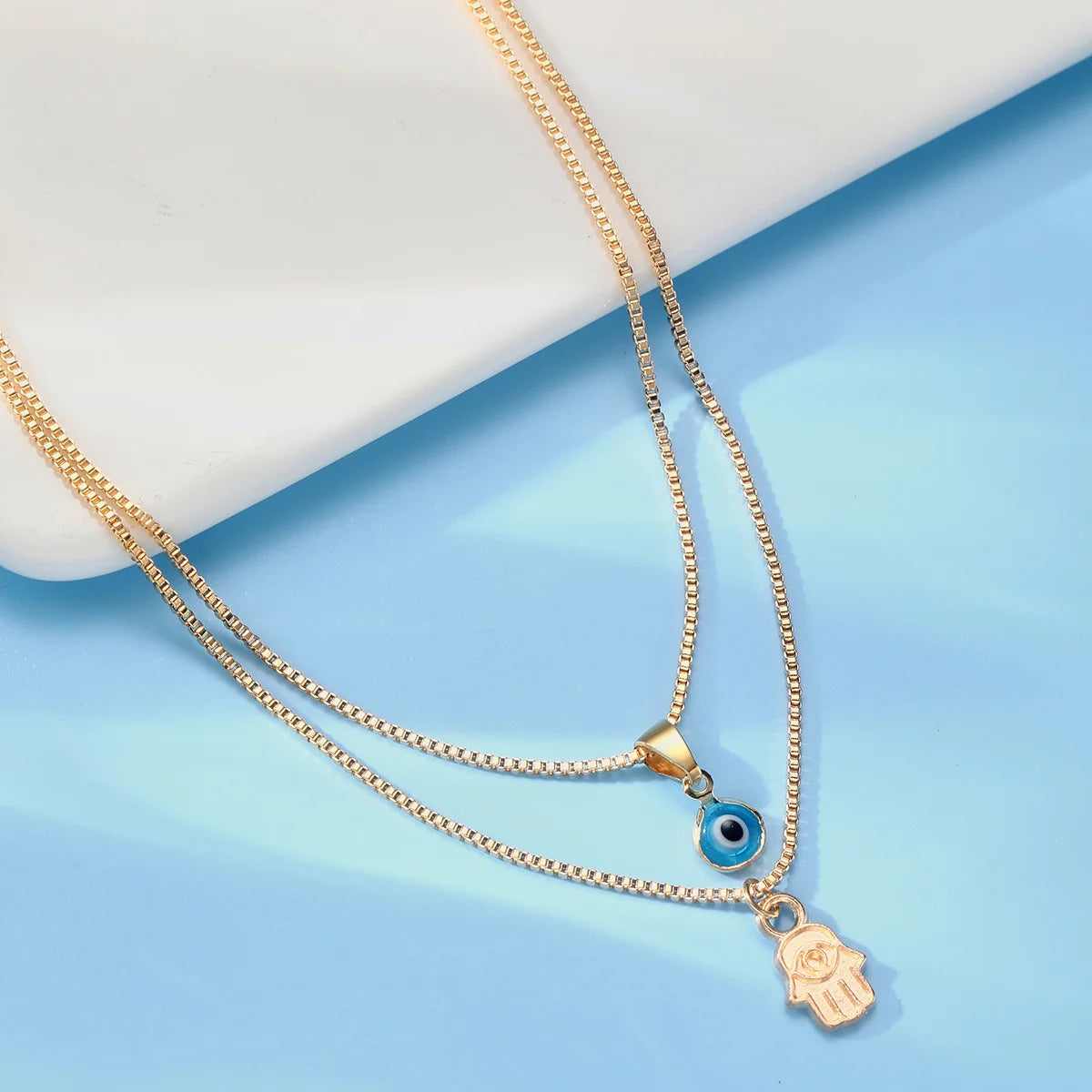 Double Layer Evil Eye Necklace - Turkish Protection Charm with Zircon