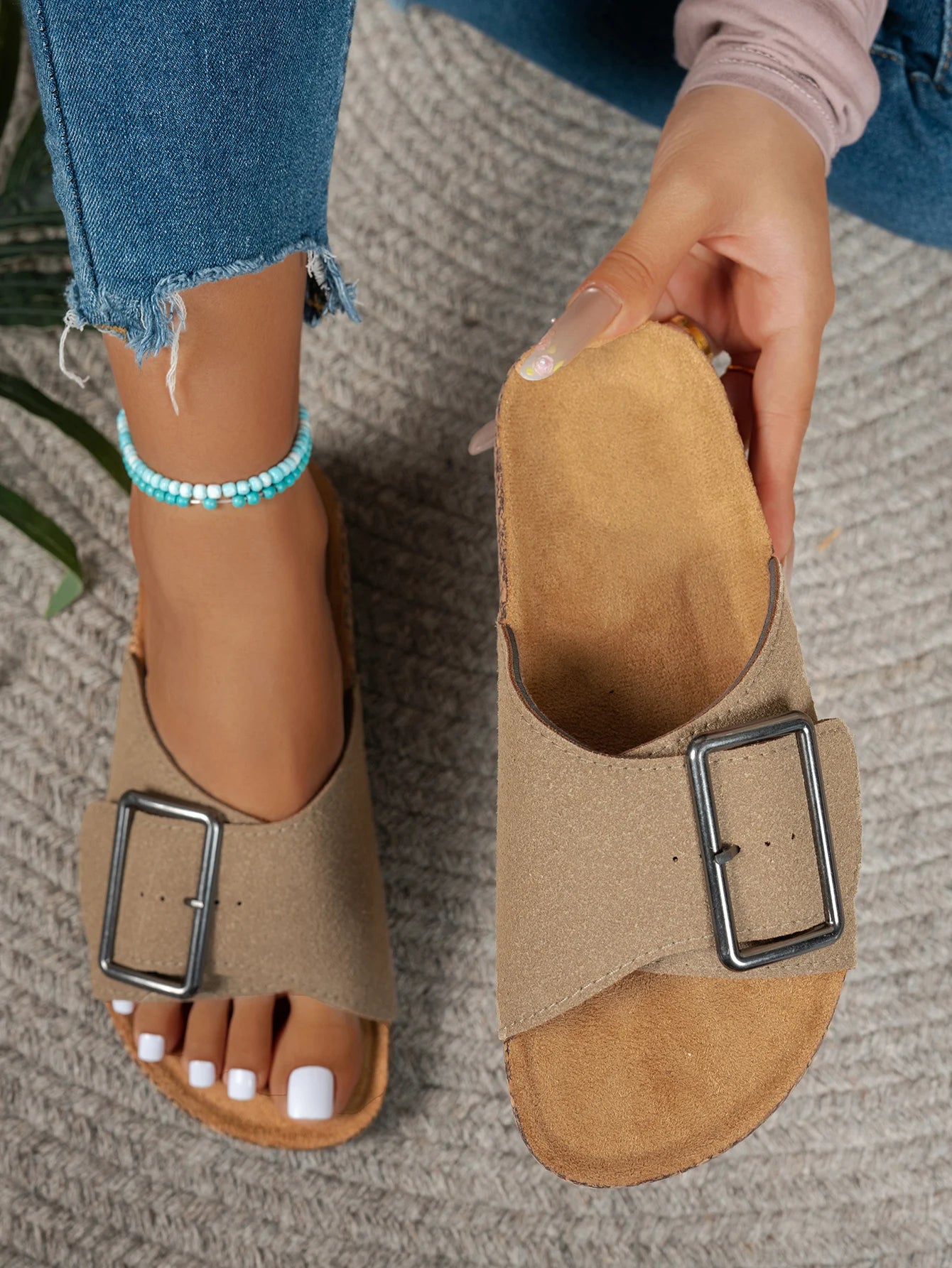 Women's Cozy Buckle Slippers — Flat Heel Suede Slip-On Sandals