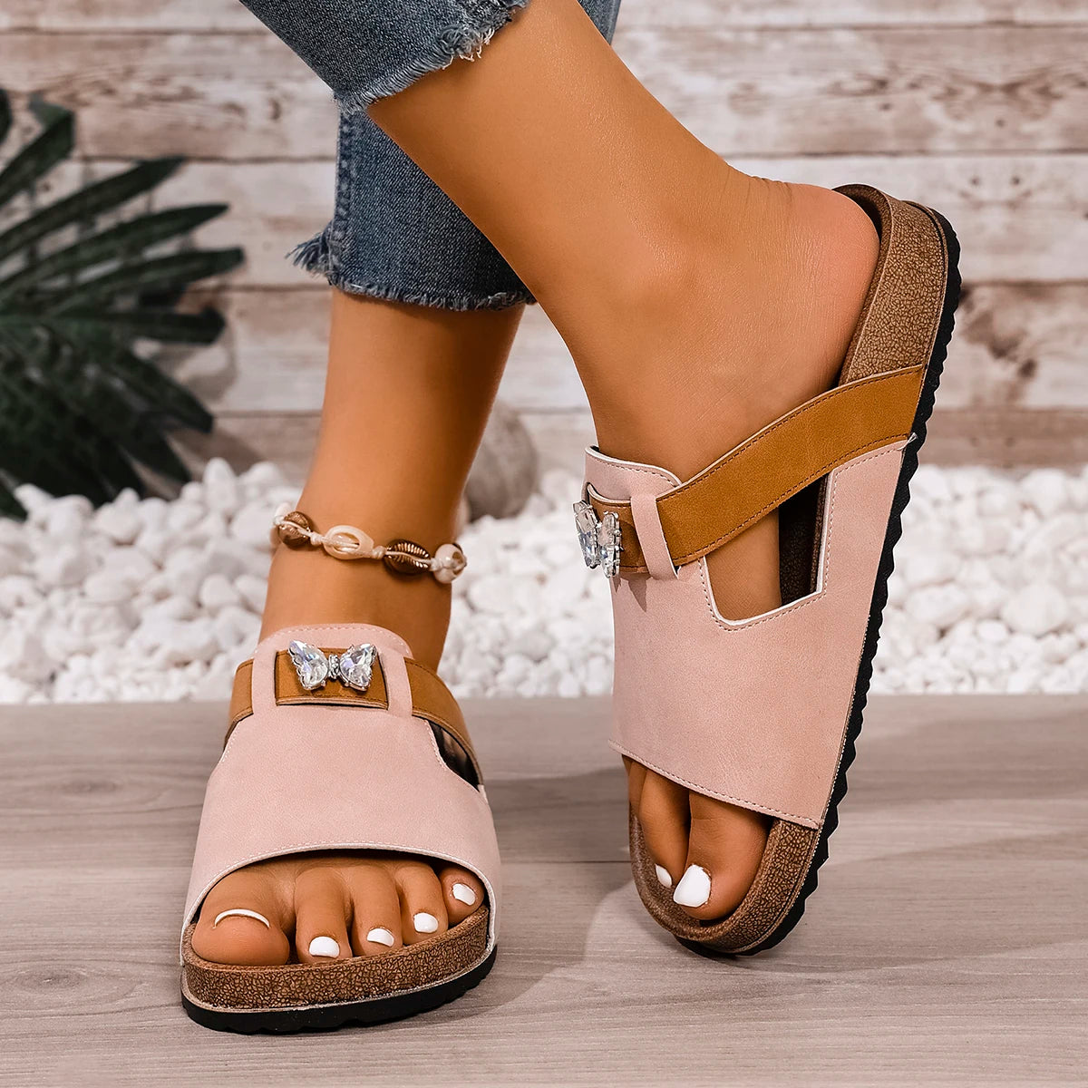 Women's Platform Slide Sandals — Pleated PU Upper, Rubber Sole | Summer
