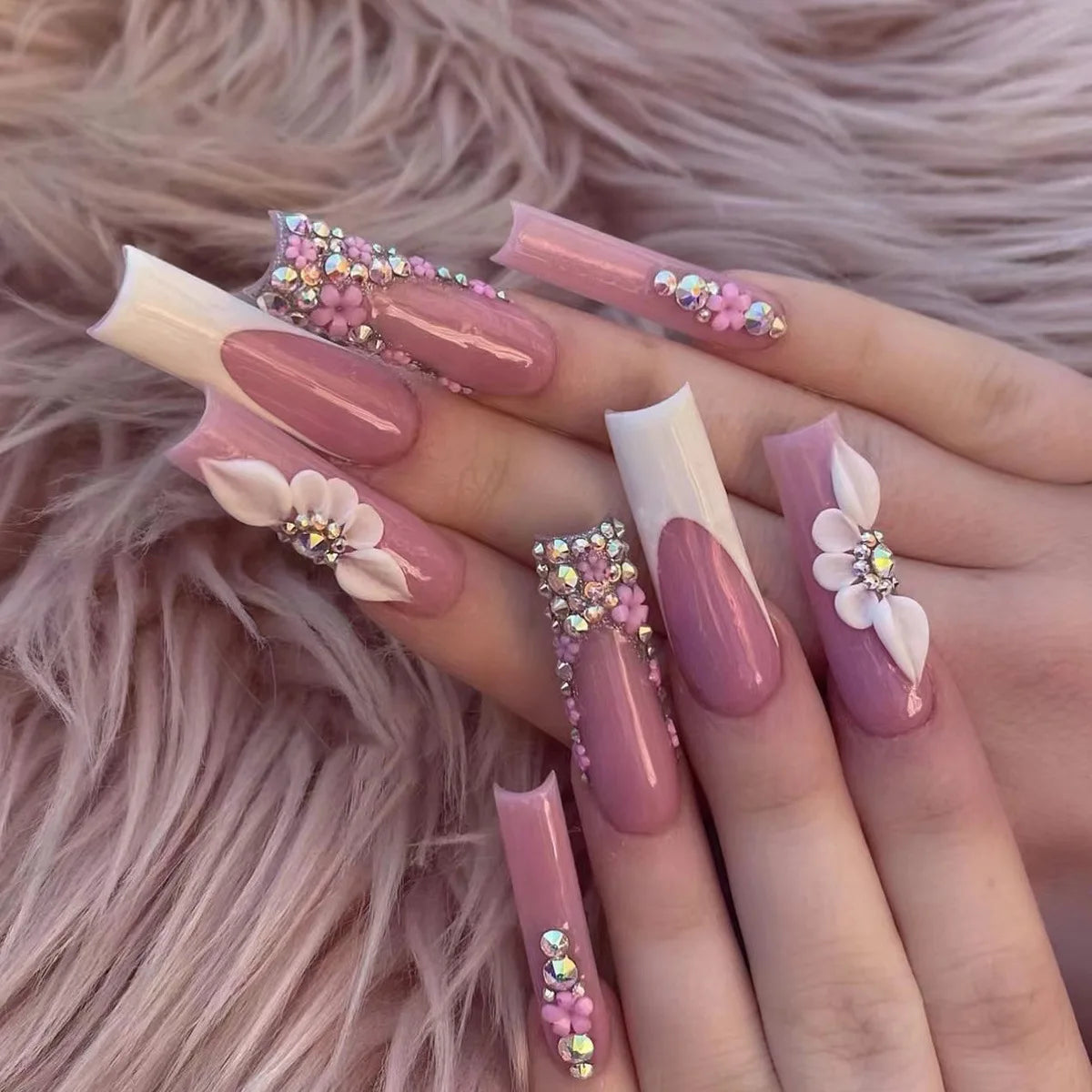 Press-On Nails 24 Pcs — Long Square Leopard Print, French & 3D Cherry Design with Rhinestones