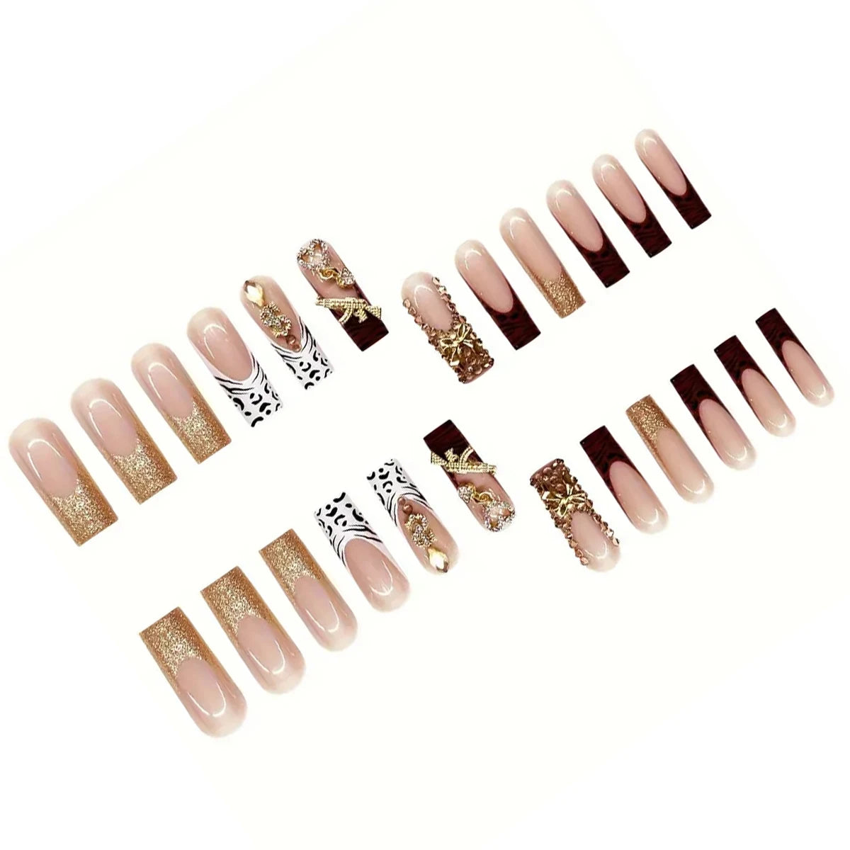 24pc Press-On Nails Set – French, Leopard, 3D Gold & Diamond Designs