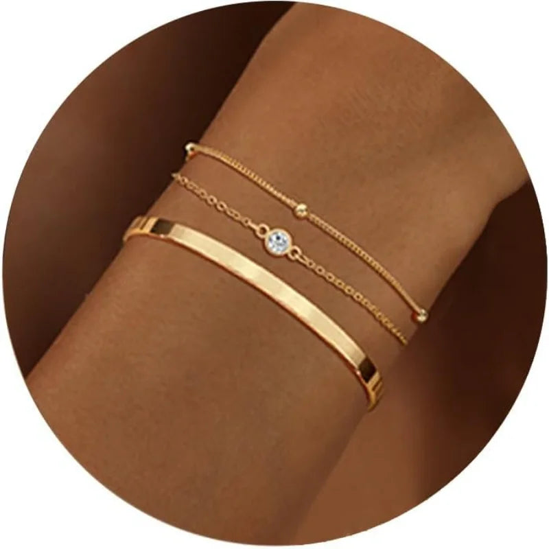 Gold Layered Bracelet Set - 3 Piece Waterproof Stackable Jewelry