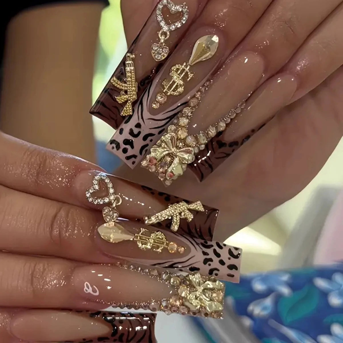 24pc Press-On Nails Set – French, Leopard, 3D Gold & Diamond Designs