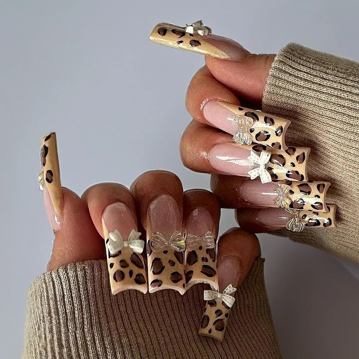 Press-On Nails 24 Pcs — Long Square Leopard Print, French & 3D Cherry Design with Rhinestones