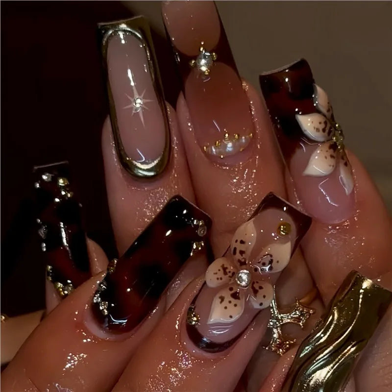 Press-On Nails 24 Pcs — Long Square Leopard Print, French & 3D Cherry Design with Rhinestones