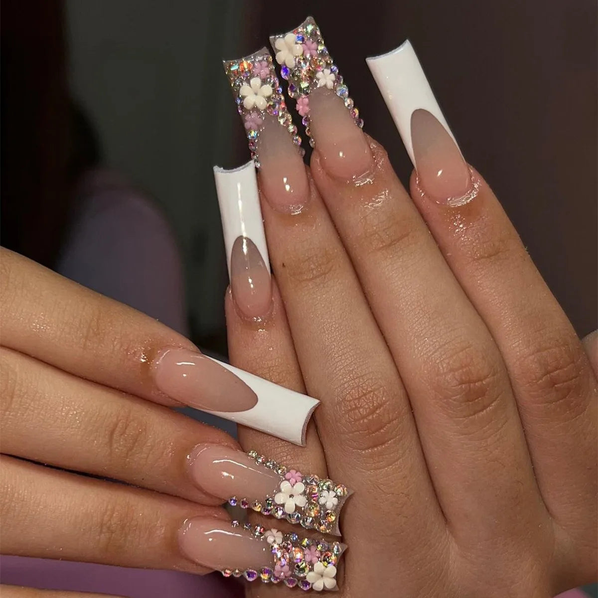 Press-On Nails 24 Pcs — Long Square Leopard Print, French & 3D Cherry Design with Rhinestones