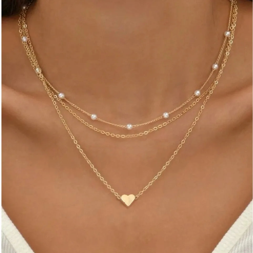 Heart Pendant Pearl Necklace Set | 14K Gold Choker for Women
