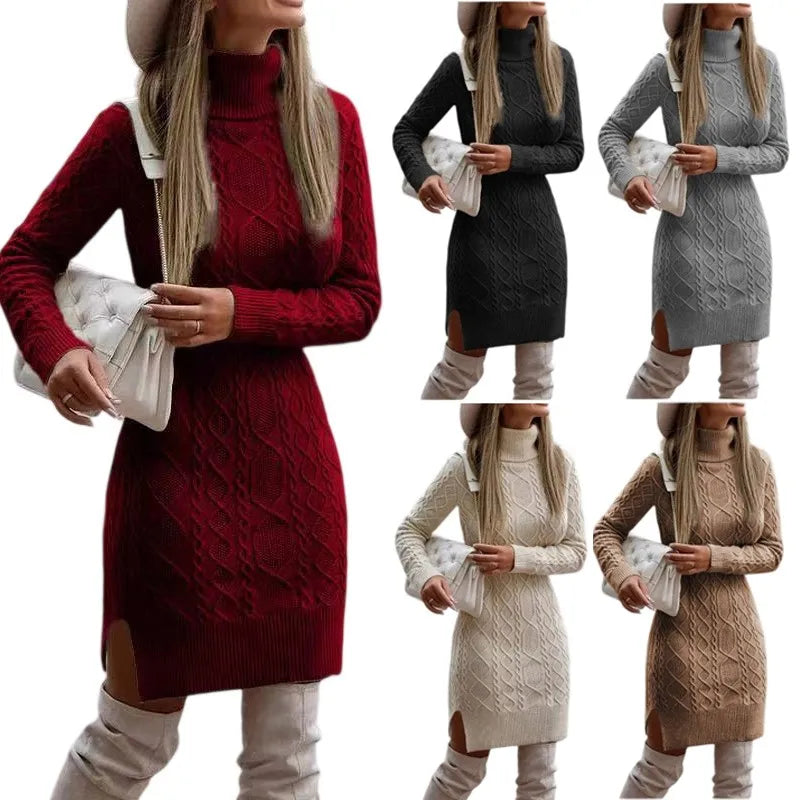 Women's Slim-Fit High Collar Sweater Dress – Long Sleeve, Solid Color, Medium-Length Pullover