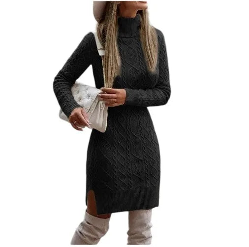 Women's Slim-Fit High Collar Sweater Dress – Long Sleeve, Solid Color, Medium-Length Pullover