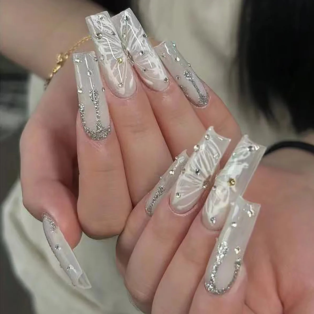 Press-On Nails 24 Pcs — Long Square Leopard Print, French & 3D Cherry Design with Rhinestones