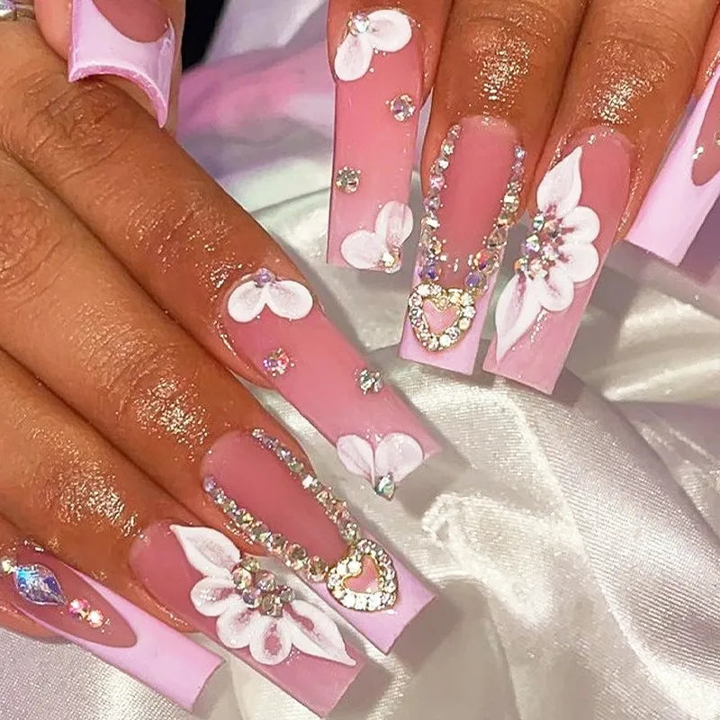 Press-On Nails 24 Pcs — Long Square Leopard Print, French & 3D Cherry Design with Rhinestones
