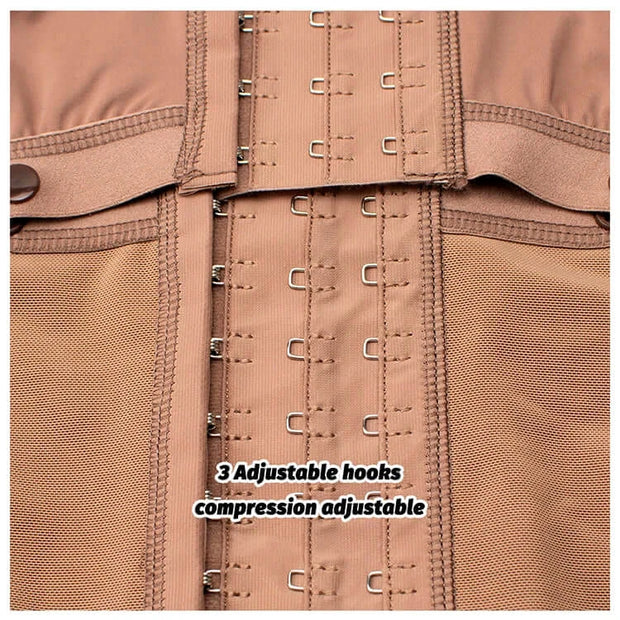 Close-up of adjustable hooks on Colombian girdle bodysuit for customizable compression.