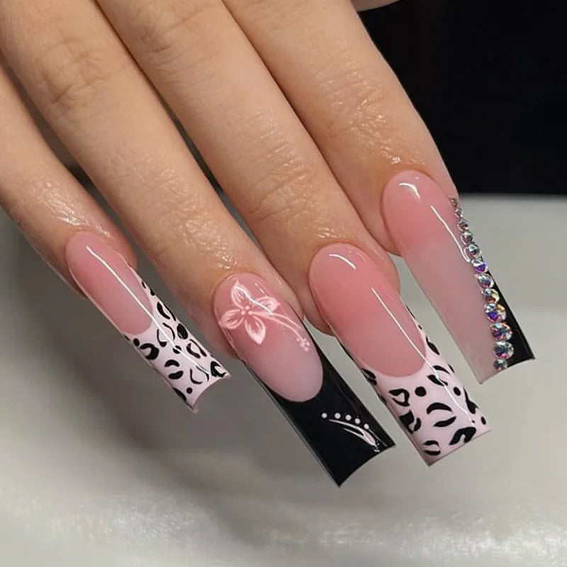 Press-On Nails 24 Pcs — Long Square Leopard Print, French & 3D Cherry Design with Rhinestones