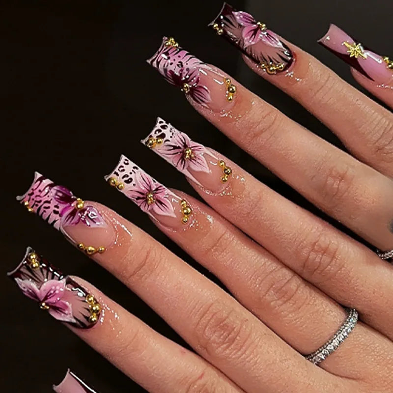 Press-On Nails 24 Pcs — Long Square Leopard Print, French & 3D Cherry Design with Rhinestones