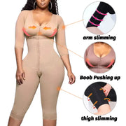 Full body Colombian girdle bodysuit with arm, bust, and thigh slimming features for enhanced curves.
