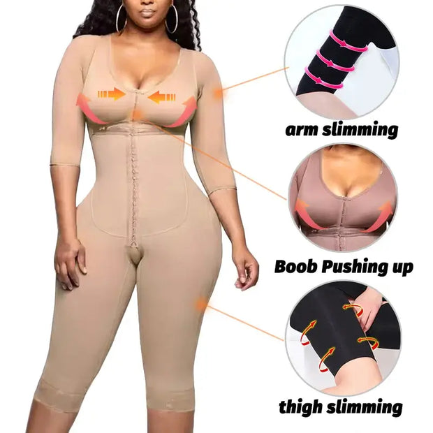 Full body Colombian girdle bodysuit with arm, bust, and thigh slimming features for enhanced curves.