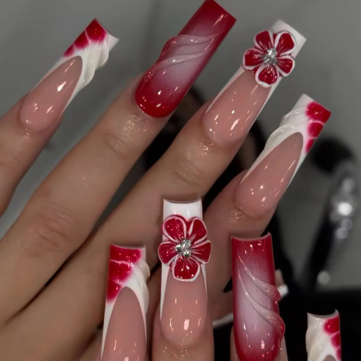 Press-On Nails 24 Pcs — Long Square Leopard Print, French & 3D Cherry Design with Rhinestones