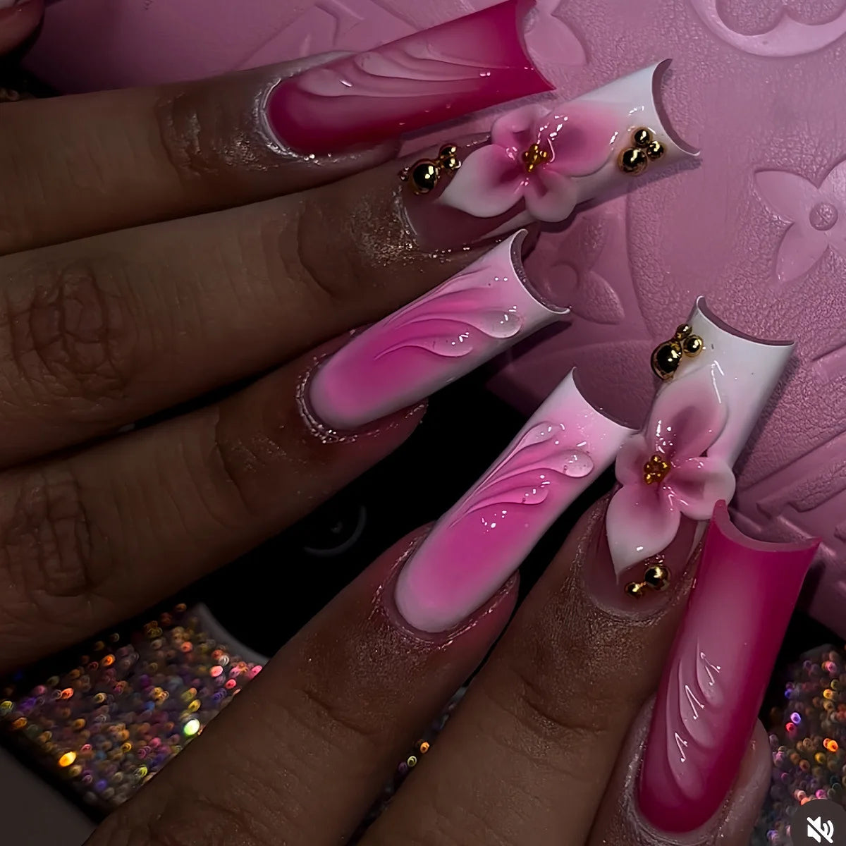 Press-On Nails 24 Pcs — Long Square Leopard Print, French & 3D Cherry Design with Rhinestones