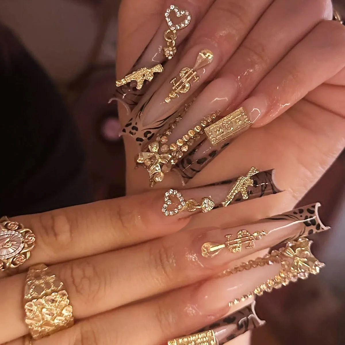 Press-On Nails 24 Pcs — Long Square Leopard Print, French & 3D Cherry Design with Rhinestones