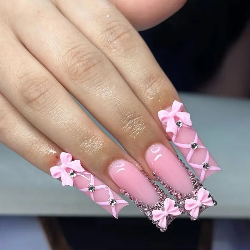 Press-On Nails 24 Pcs — Long Square Leopard Print, French & 3D Cherry Design with Rhinestones