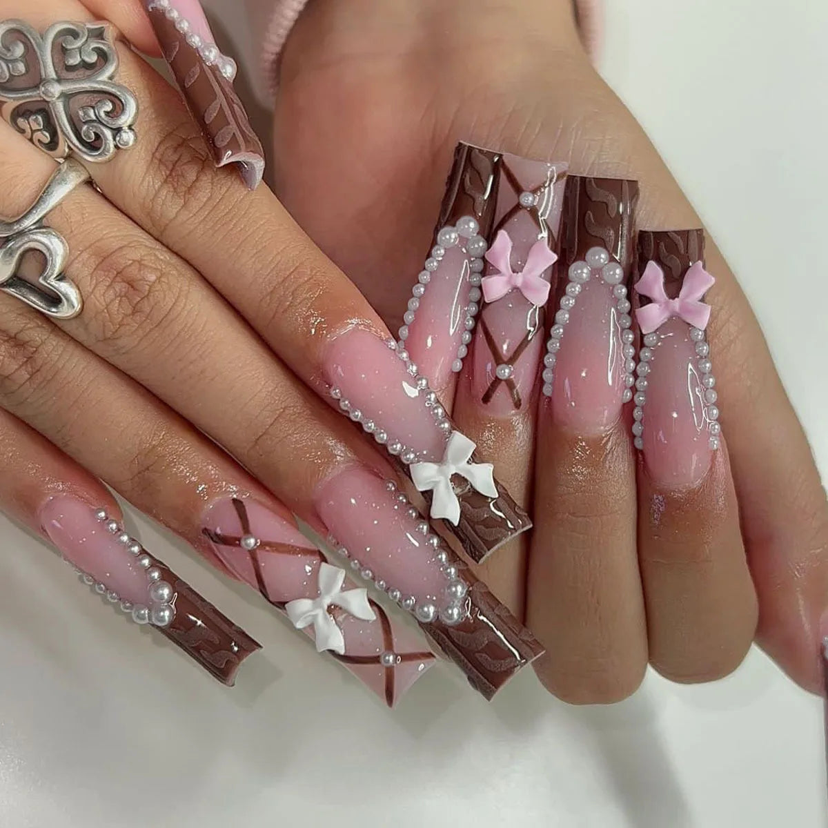 Press-On Nails 24 Pcs — Long Square Leopard Print, French & 3D Cherry Design with Rhinestones