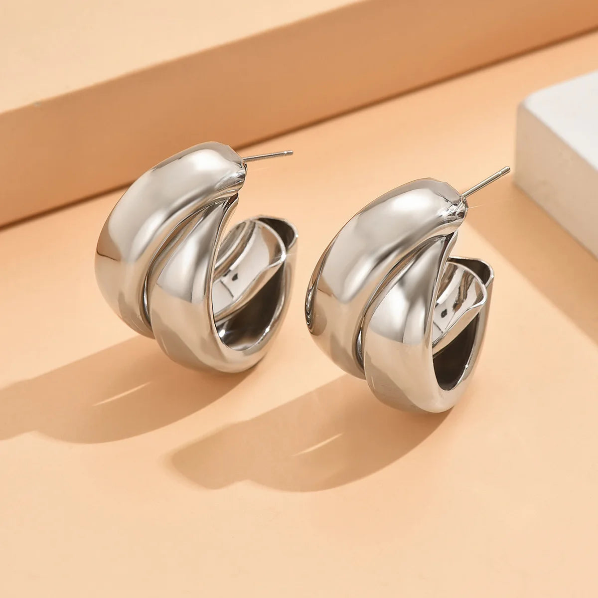 Chunky Gold Hoop Earrings - Stainless Steel Double Ring Statement Jewelry