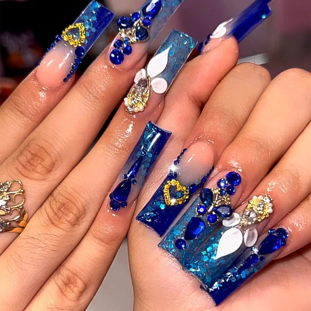 Press-On Nails 24 Pcs — Long Square Leopard Print, French & 3D Cherry Design with Rhinestones