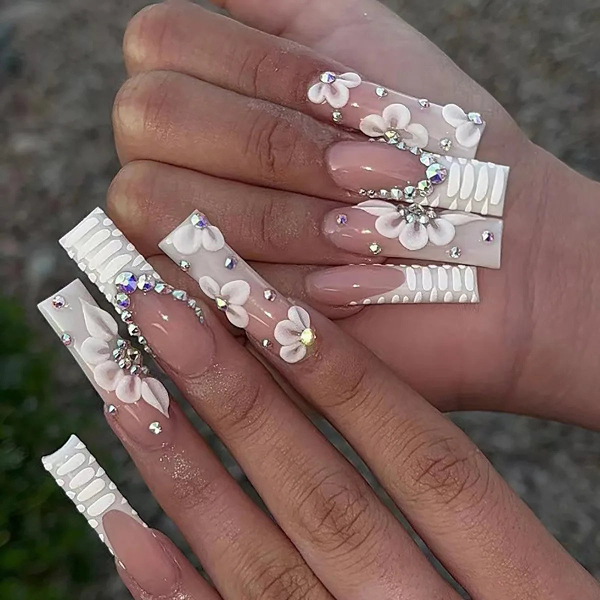 Press-On Nails 24 Pcs — Long Square Leopard Print, French & 3D Cherry Design with Rhinestones