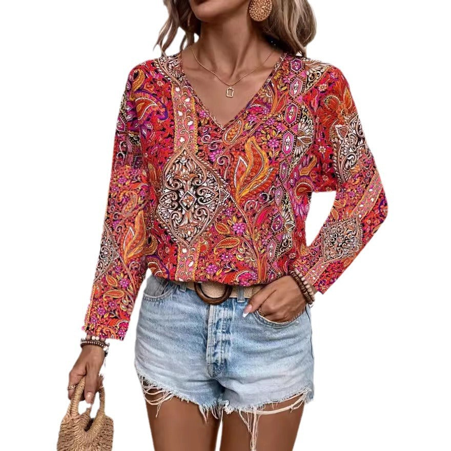 Printed V-neck Long Sleeve Shirt Women's Clothing