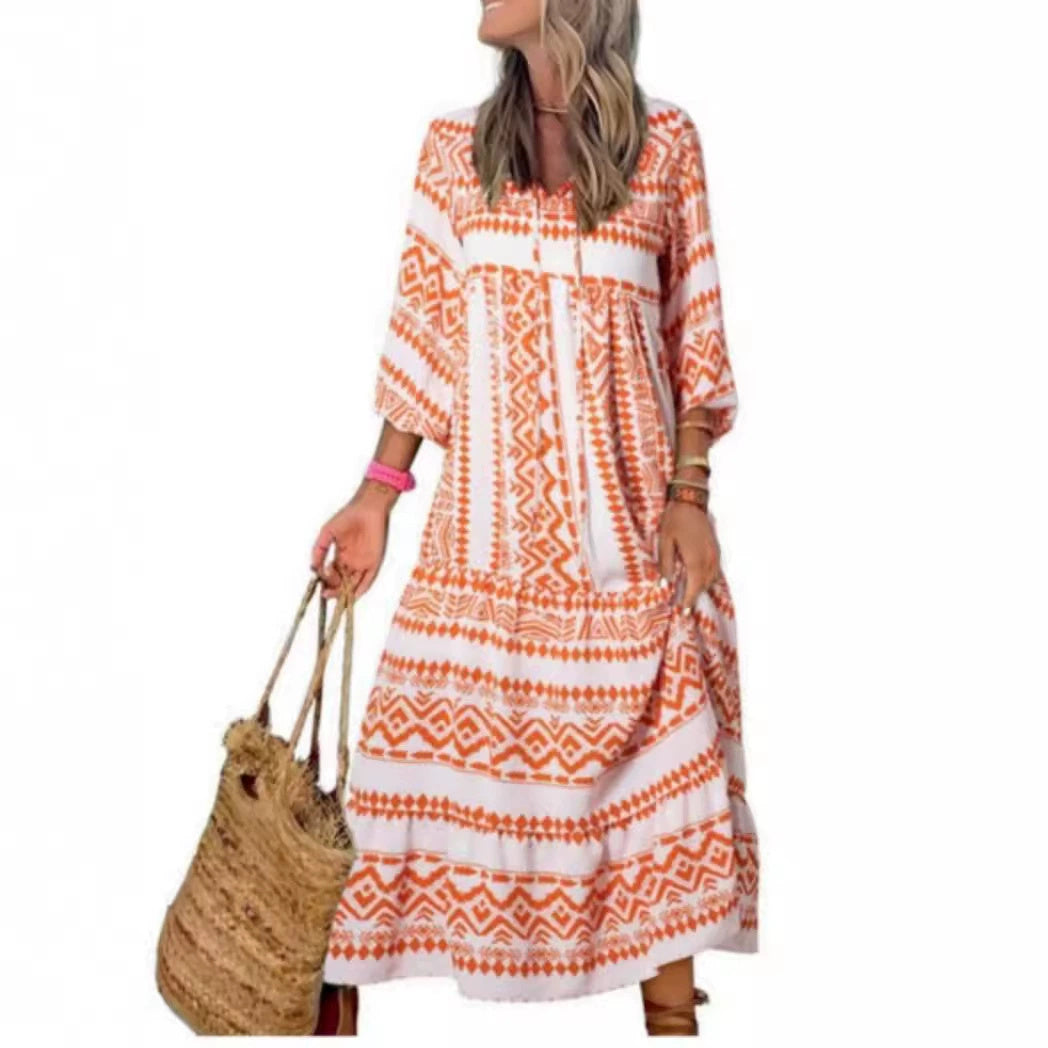 Summer Women's Vintage Printed Bohemian Dress Elegant Ladies Casual .