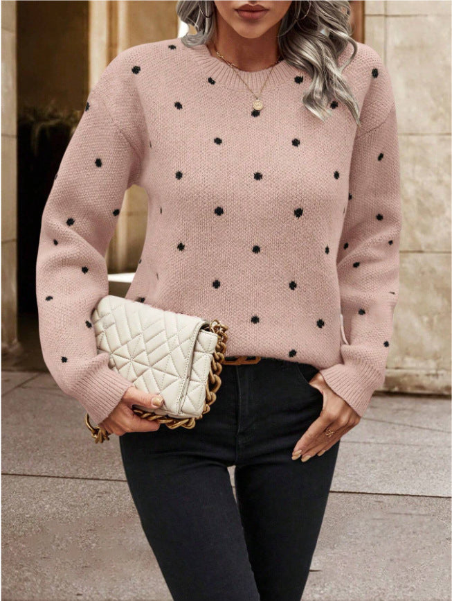 Ins Polka Dot Print Pullover Sweater Fashion Casual Long-sleeved Jacquard Knitted Top Winter.